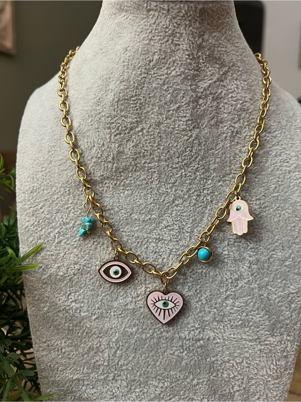 Gold Chain Charm Necklace with Pink Eye & Hamsa Charms